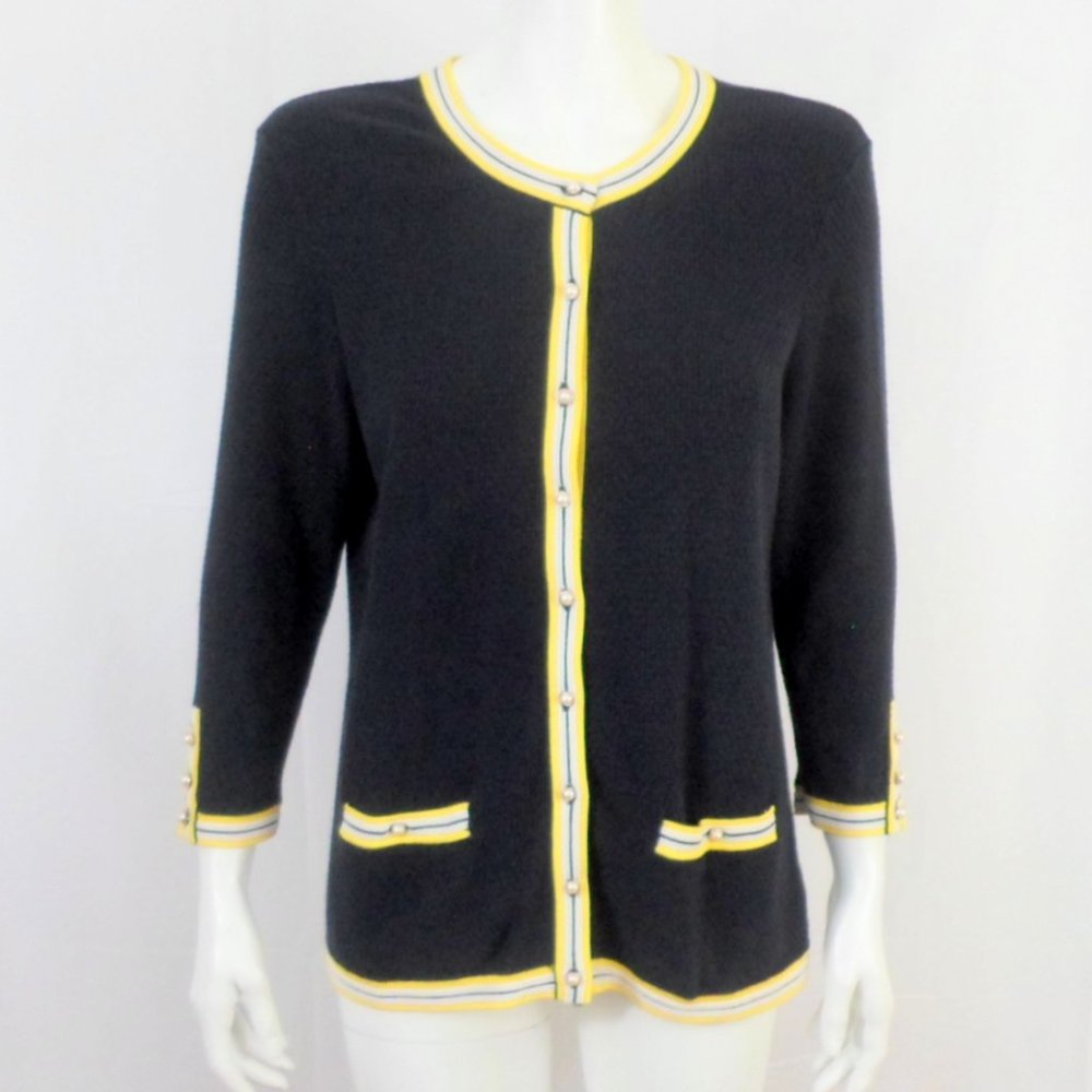 Talbots Navy Blue Waffle Knit Tipped Cardigan Faux Pearl Buttons